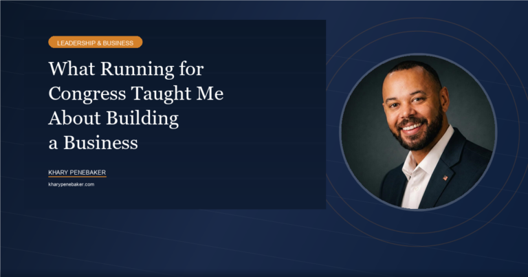 Khary Penebaker speaking at a podium about leadership lessons from running for Congress
