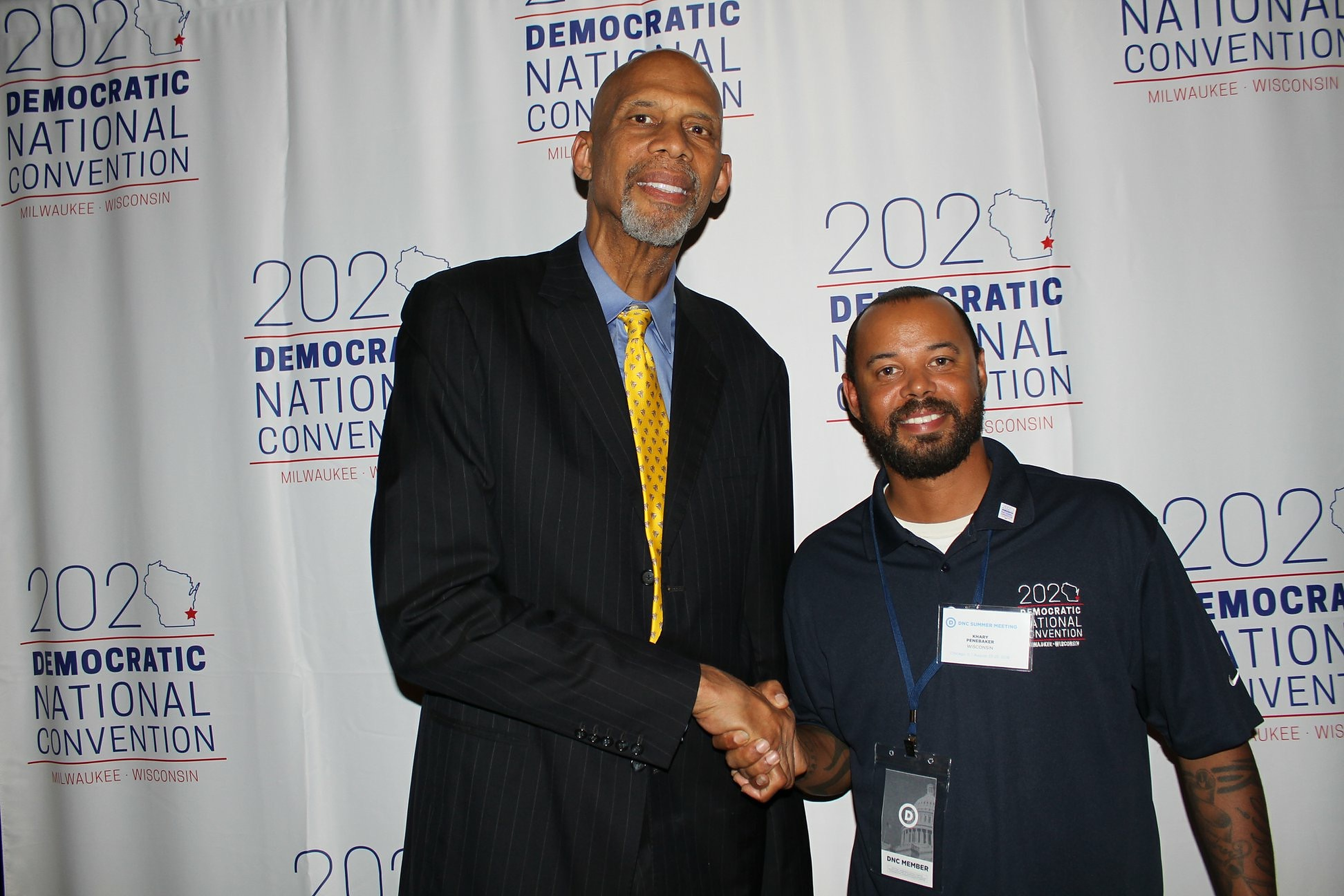 Khary Penebaker with Kareem Abdul-Jabbar at the 2020 DNC Summer Meeting in Milwaukee