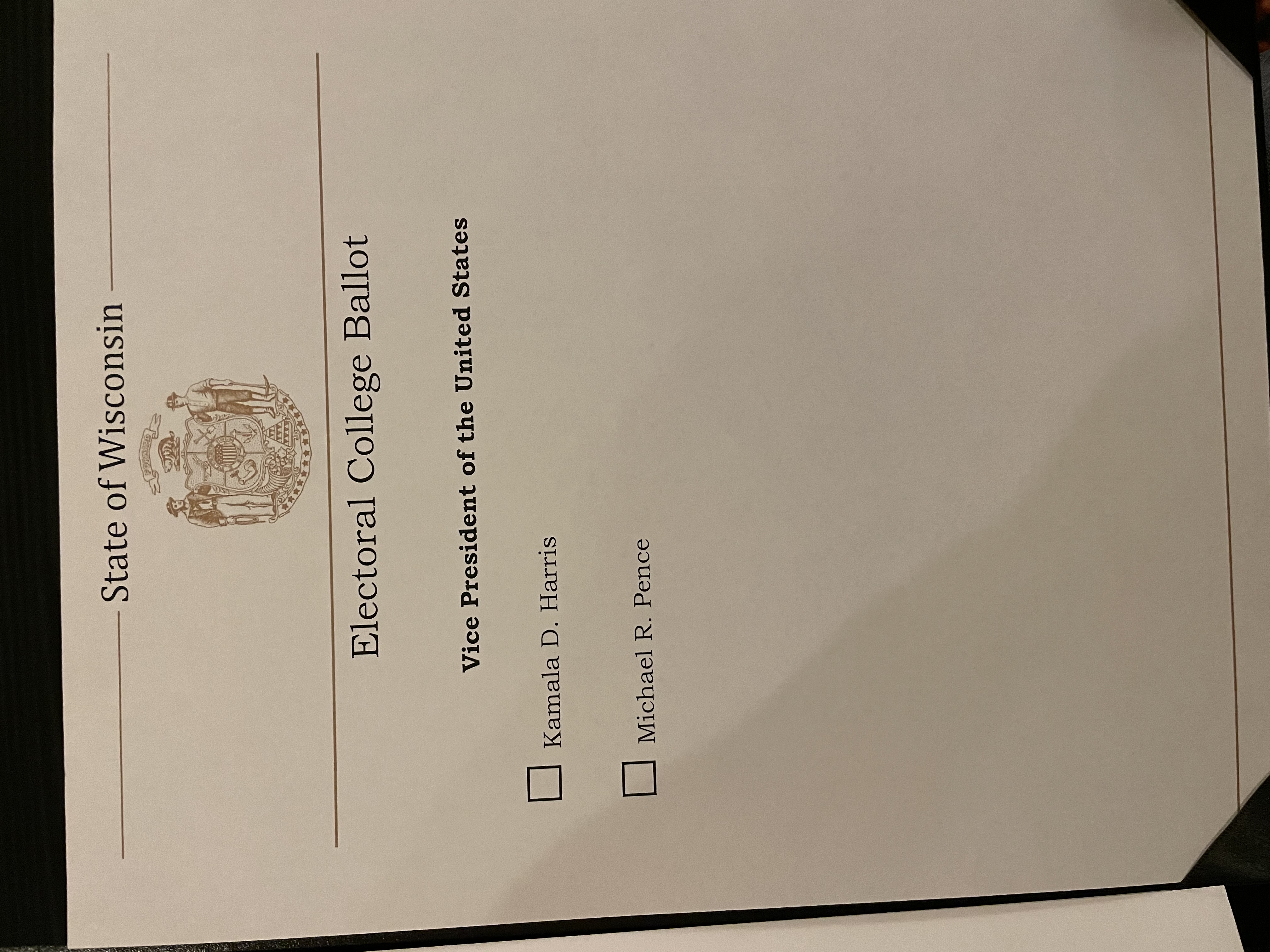 Khary Penebaker signed Electoral College Ballot for Vice President, Kamala D. Harris, Wisconsin 2020